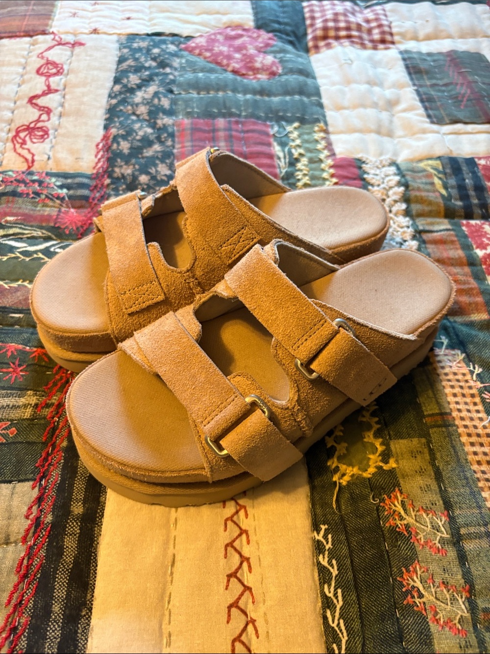Women’s Uggs Suede Double-Strap Slide Sandals in Tan